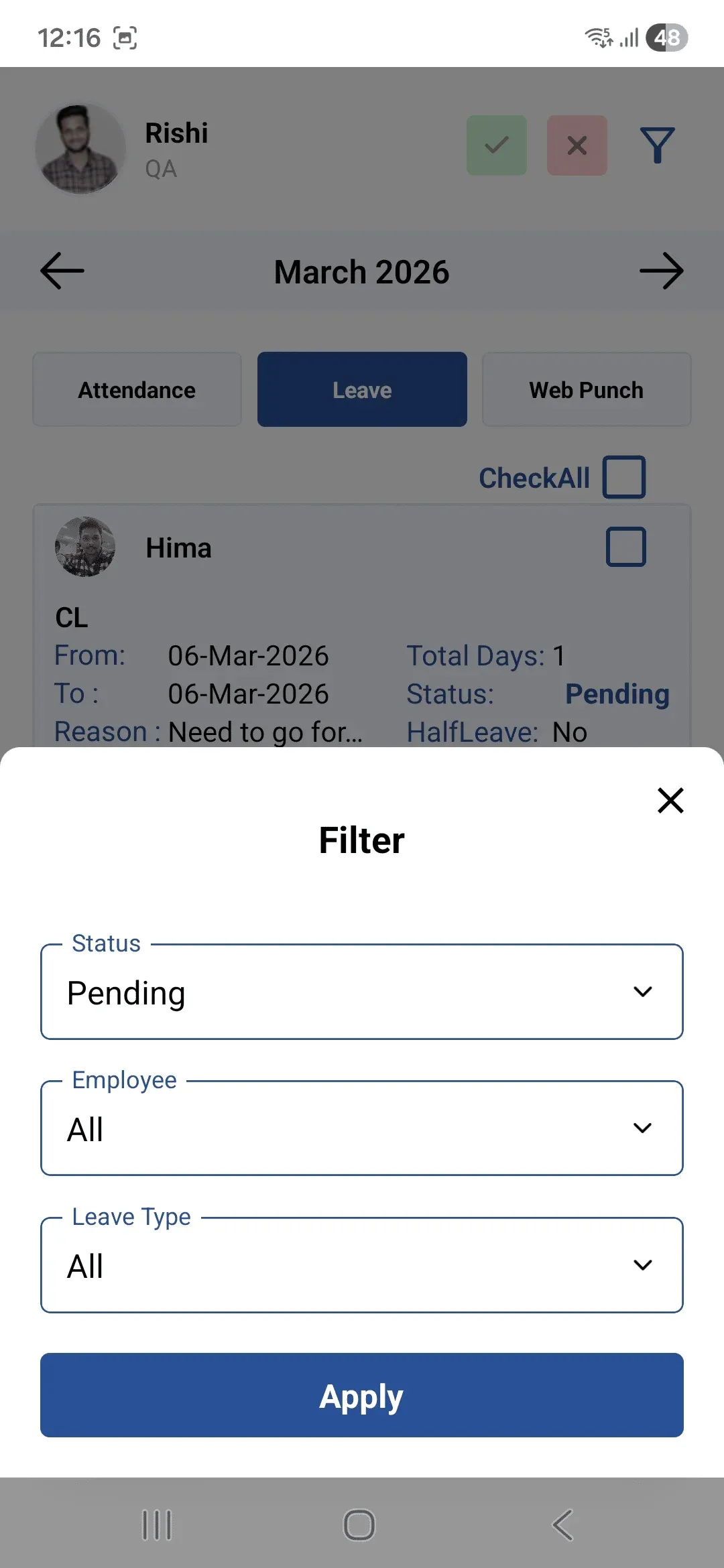 Leave Requests Filter
