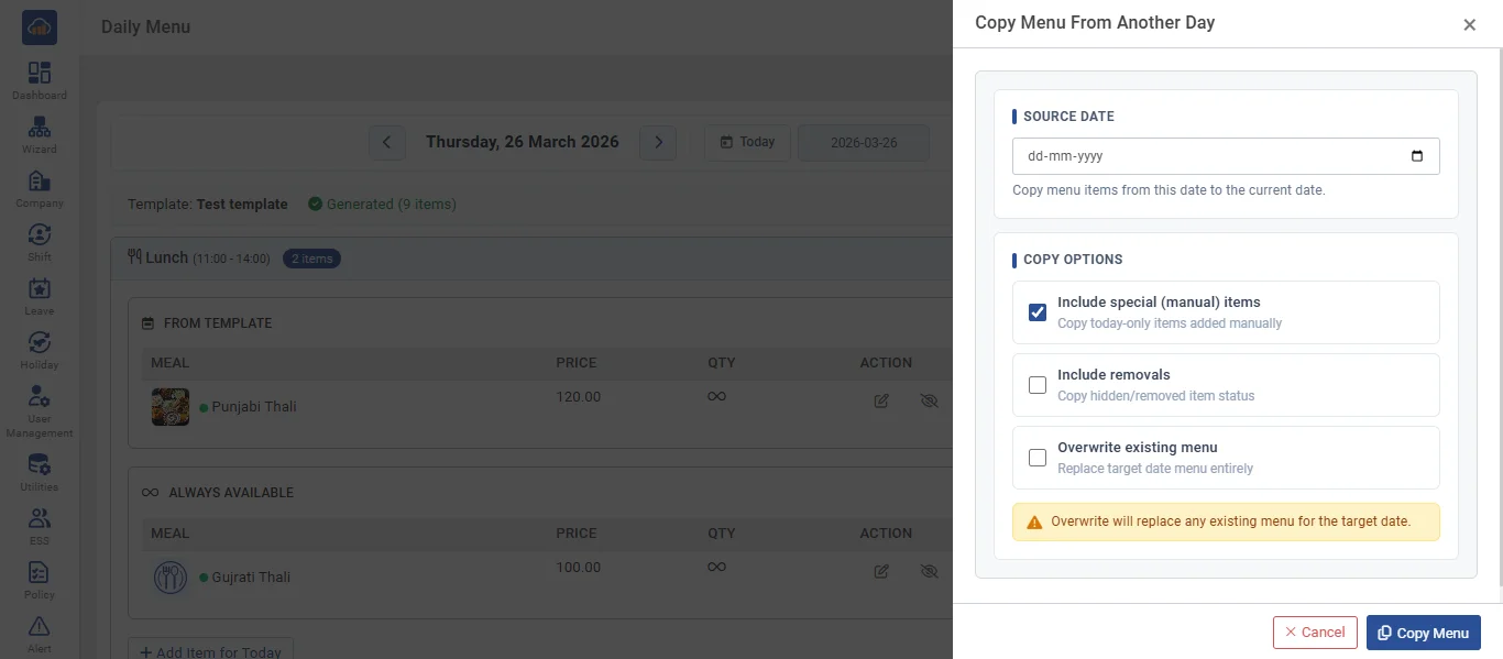 Copy Menu From Another Day