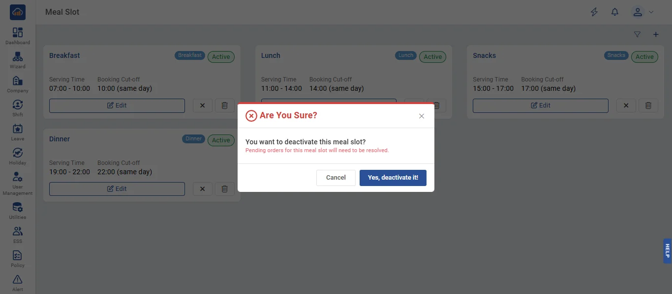 Deactivate Meal Slot Confirmation